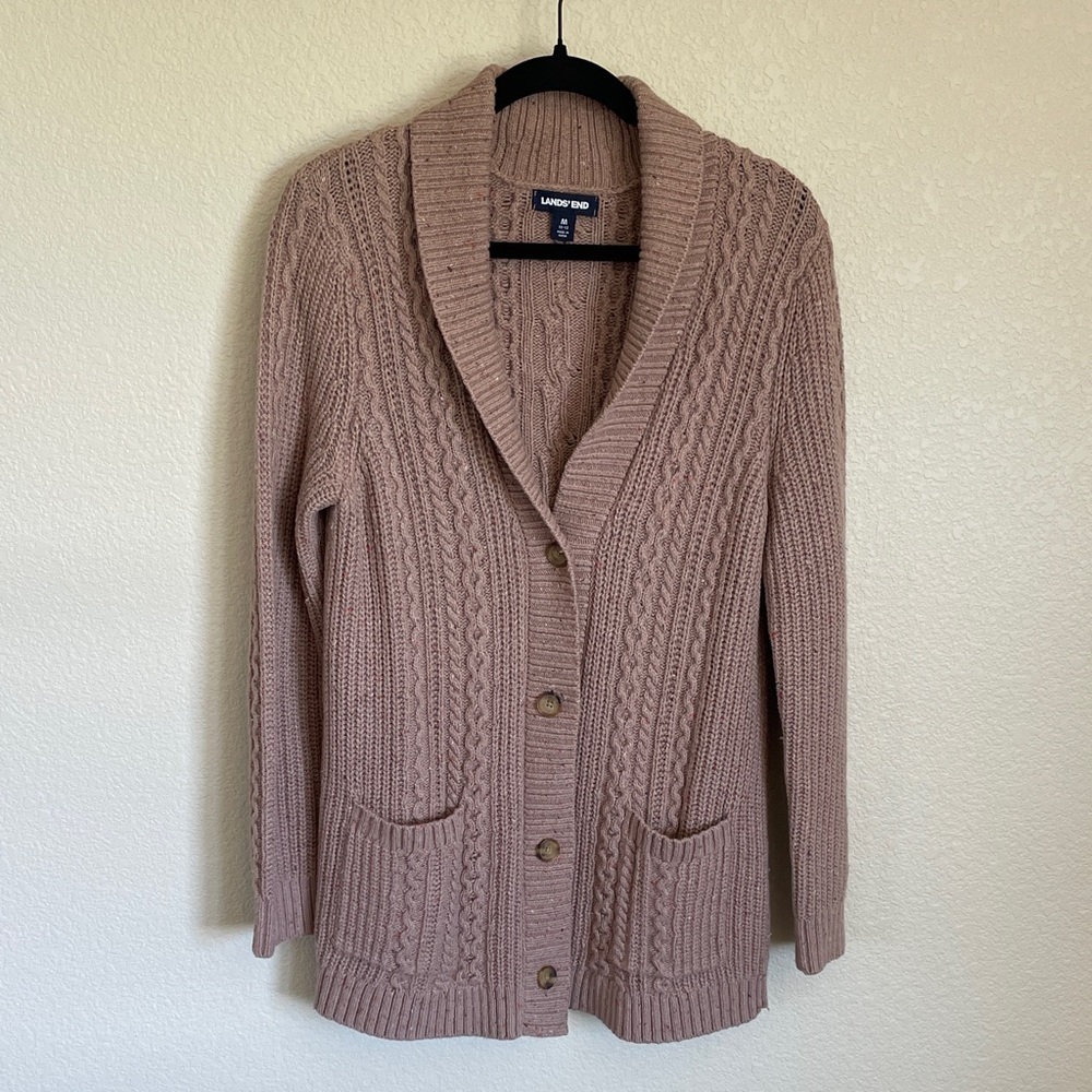 Lands' End Women's Cable Knit Shawl Collar Cardigan M Chunky Brown Grandmacore